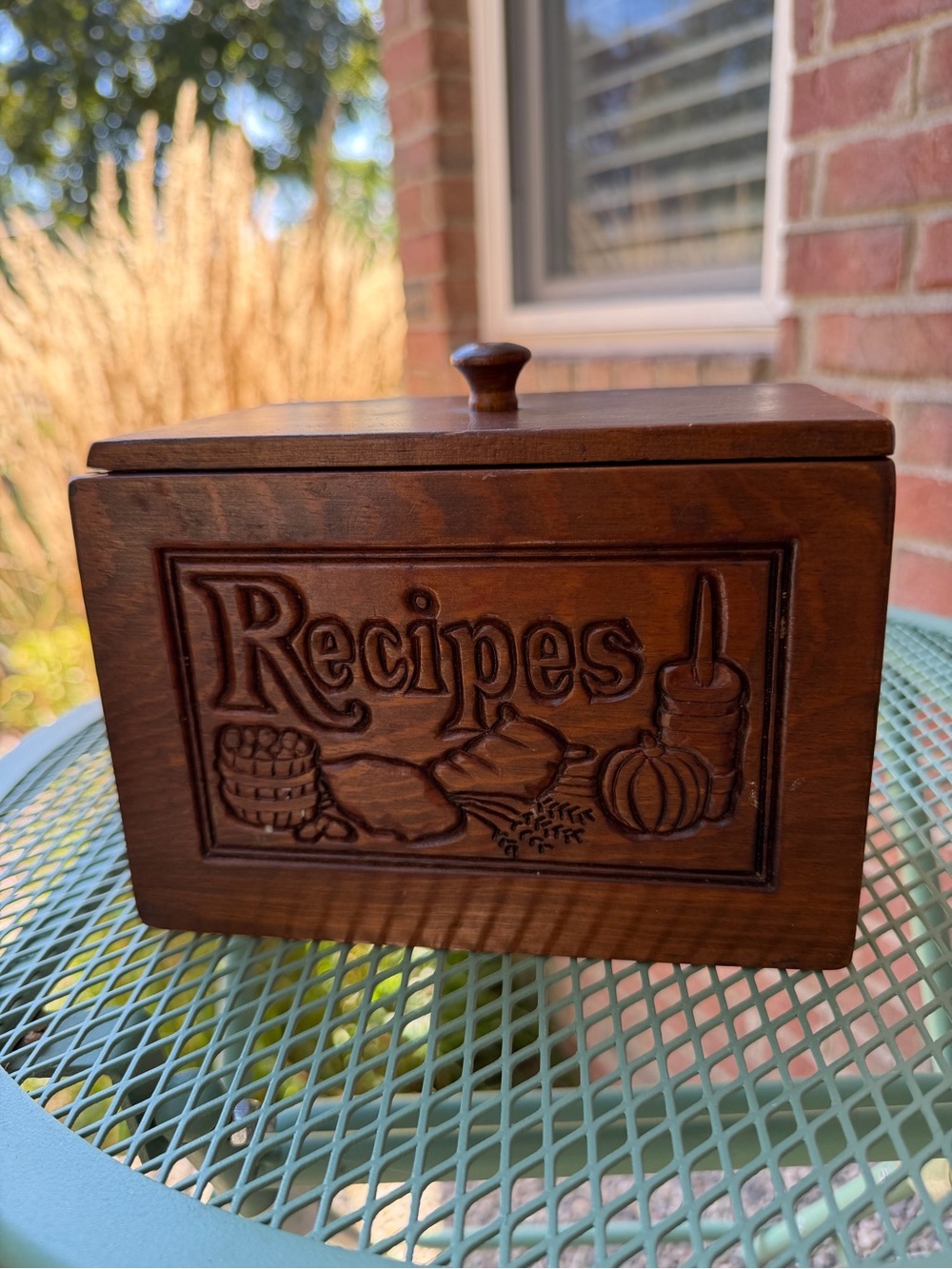 Vintage Wooden Recipe Box Harvest Motif with Lid